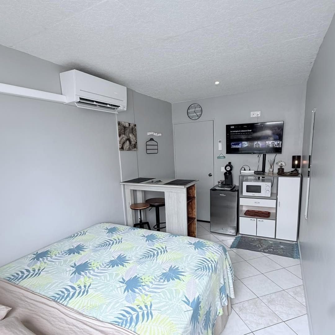 Vue d'ensemble du studio : lit double, coin bar et kitchenette